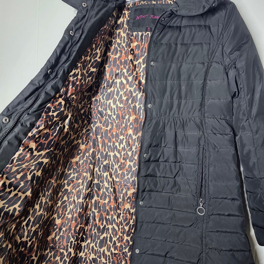 Betsey Johnson Black Puffer Coat Faux Fur Hood Leopard Lining Down Fill Size M - Picture 6 of 13